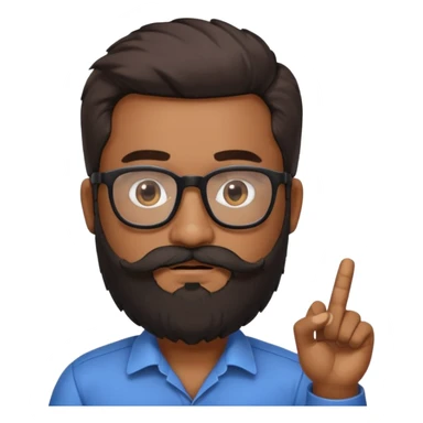 Indian software developer with beards and specs, with few white hairs in mostly black beard and hair. Hair fluffy and back brushed. Mustache pointing down and beard not neatly done sticker