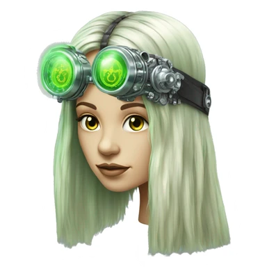 Light green long hair female cyborg head with silver steampunk headband goggles, circuits sticker