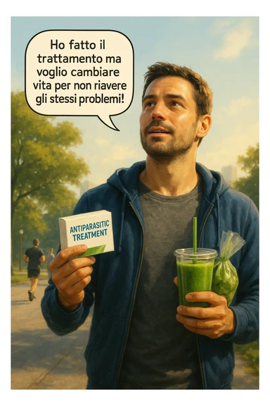 A realistic, cinematic illustration of a man in his early 30s with a determined and hopeful expression, standing outside under a bright morning sky, holding a small box labeled 'Antiparasitic Treatment' in one hand, while in the other hand he holds a fresh green smoothie or a bag of vegetables. A speech bubble near him says: ‘Ho fatto il trattamento ma voglio cambiare vita per non riavere gli stessi problemi!’ The man is wearing casual but clean and sporty clothing, symbolizing a fresh start, with the background showing a city park with green trees, morning light, and people jogging, indicating a healthy lifestyle. The atmosphere is bright, uplifting, and motivating, clearly illustrating the transition from treatment to lifestyle change to prevent future health issues. The style is realistic with warm tones, showing positive energy and commitment to change in italiano sticker