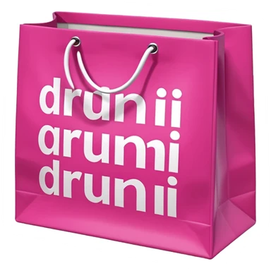 Fuchsia pink paper bag with white handles, repeating DRUNI pattern in light pink and a large vertical 'DRUNI' in bold white letters in the center, iOS emoji style, shiny and realistic. sticker