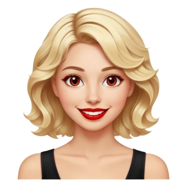 Create an emoji of a stylish blonde woman with short wavy hair and a bright smile. She is wearing a black fitted top with a deep neckline. Her lips are painted red, and her eyes shine with confidence. The emoji should capture her elegance and warmth. sticker