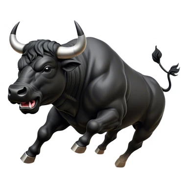 ​Cinematic Realistic Black Charging Bull, depicted in mid-charge with a powerful, muscular form and glossy black hide glistening under dynamic dramatic lighting, dust and motion captured mid-air to exude raw strength and unbridled energy on an expansive arena, sticker