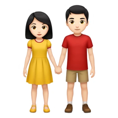 a boy with black hair and red shirt is between the legs of a girl with black hair and yellow dress sticker