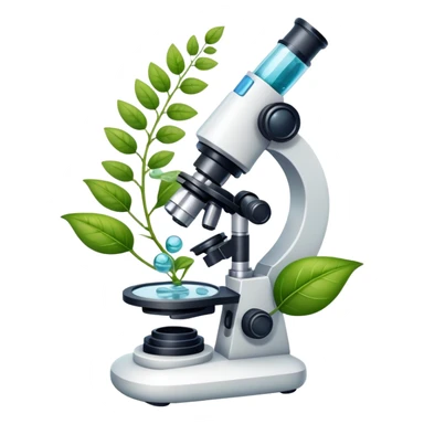 An icon featuring a microscope, a DNA strand, and plant leaves, symbolizing biology. The design includes cells, a test tube with a plant sample, representing life sciences, ecosystems, and the study of organisms. Transparent background highlights the exploration of living systems. sticker
