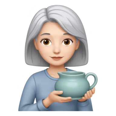Woman with grey hair with ceramics sticker