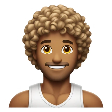 An emoji of a muscular man with curly hair, displaying a confident pose and a friendly smile sticker
