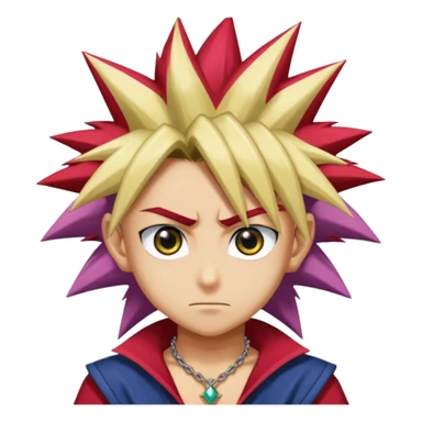 Yugi from Yu-Gi-Oh as an emoji, spiky tri-color hair, large expressive eyes, iconic Millennium Puzzle necklace, confident expression sticker