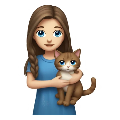 Girl with long brown hair and blue eyes holding a cat sticker