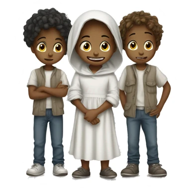 Four kids, three boys one girl, crying, wearing rags, white  sticker