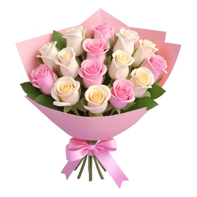 bouquet of pink and white roses wrapped in pastel paper with a ribbon, glossy finish, realistic textures, modern and clean look, soft lighting sticker