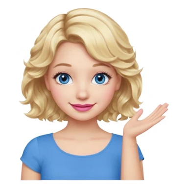 Girl Blonde short wavy hair,  blue eyes, cute blue top, long lashes, pink lips, smiling, one hand 🤷🏼‍♀️  sticker