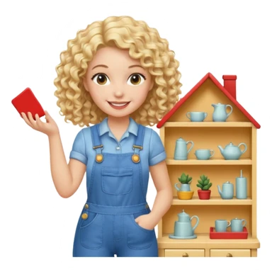 smiling blonde curly woman arranging furniture in doll house with overalls sticker
