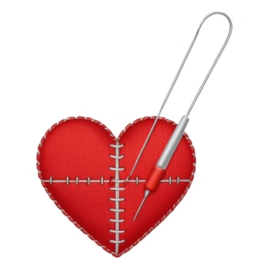 Heart stitched mid-sew, needle still pulling thread sticker