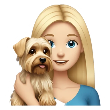 white girl with blue eyes and blonde hair holding a dog yorkshire terrier sticker