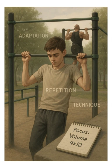 Giovane atleta principiante, fisico asciutto ma non muscoloso, si allena in uno street park con sbarra e parallele. Sta eseguendo serie lunghe di trazioni a corpo libero, concentrato sulla tecnica e sul controllo. Vicino a lui si vede un block notes con scritto a penna 'Focus: Volume, 4x10', mentre in lontananza un altro atleta molto più grosso fa una singola ripetizione con zavorra pesante. Il neofita guarda il suo diario, non gli altri. L’ambiente è sereno, luce naturale, atmosfera di crescita e disciplina. Sullo sfondo si intravedono i concetti scritti in aria con stile metaforico: 'Adattamento', 'Ripetizione', 'Tecnica', fluttuanti accanto a lui sticker