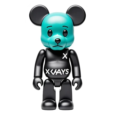 Bearbrick figure with signature KAWS X eyes, simplified toy bear shape with articulated limbs sticker