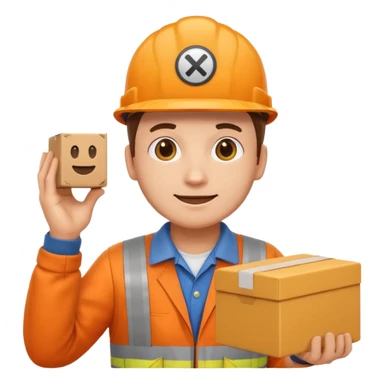 emoji style railway engineer full body in orange overalls, carrying a box with both hands sticker