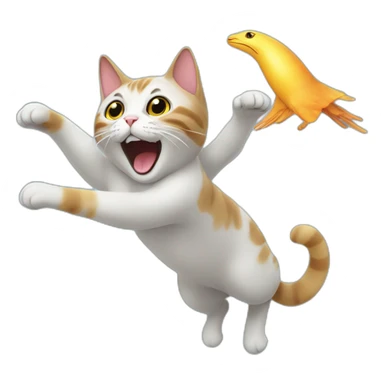 Cat flying like a bird in the space with an dancing alien sticker