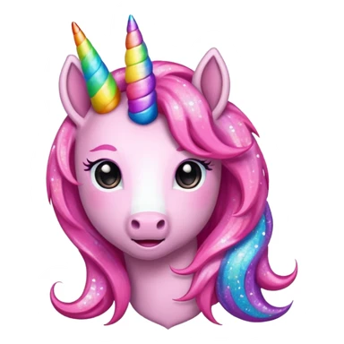 pink glitter unicorn emoji with rainbow mane and rainbow horn sticker