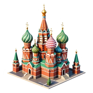 Isometric illustration of Moscow, featuring Saint Basil's Cathedral with colorful onion domes, hand-drawn painterly details, subtle texture on bricks and roofs, realistic shadows and soft lighting, muted yet vivid color palette, diorama miniature effect. sticker