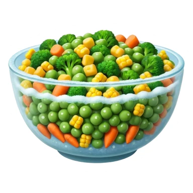 A close-up of a bowl filled with frozen mixed vegetables — peas, carrots, corn, and broccoli — covered with a light layer of frost. The colors are bright but slightly muted from freezing. Natural lighting, high-detail macro food photo. sticker