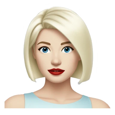 platinum blonde young woman, coral red lips, blue yes, pale skin, straight hair, shoulder length bob haircut sticker