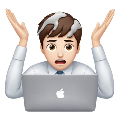 An overwhelmed office worker at a MacBook, eyes wide open, mouth agape, sweat drops flying, hands on head in panic, with white skin and brown hair sticker