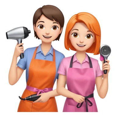 happy woman in pink apron getting a haircut from smiling female hairstylist in orange apron, holding hairdryer in right hand sticker