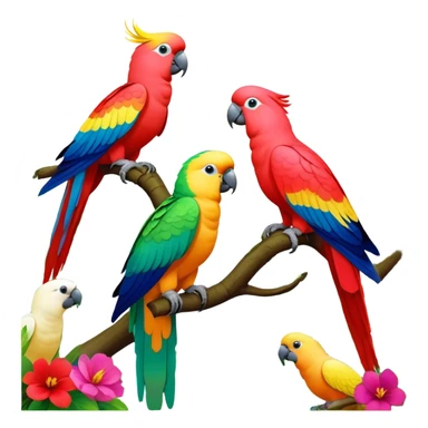 Close-up collage of vibrant Ara parrots and Inca cockatoos sitting on tree branches, surrounded by lush greenery. Bright colors of the birds stand out against a natural, sunny background of trees, flowers and fruits. Transparent background. sticker