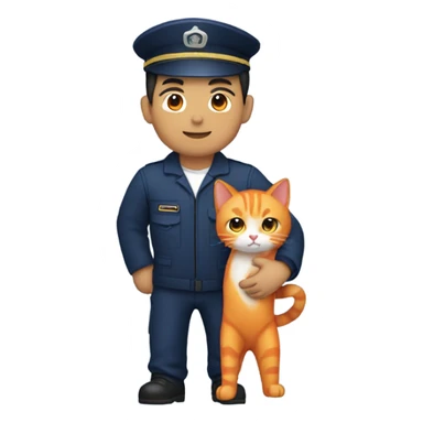 Asian man in navy blue mechanic uniform holding orange cat  sticker