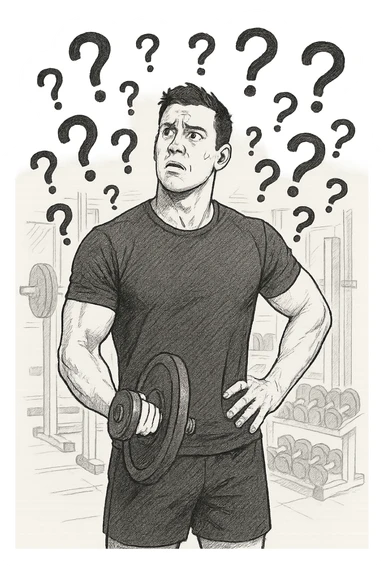 Uomo in palestra mentre si allena con tanti punti interrogativi intorno, confuso sticker