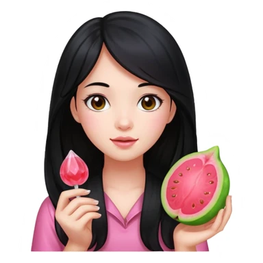 A girl with long black hair holding a piece of guava hard candy sticker