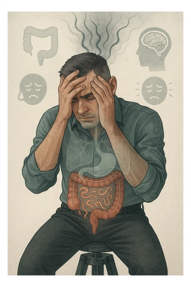a person sits with a troubled expression, holding their head in their hands. A transparent overlay on their body reveals stylized images of parasites in the digestive tract, while faint, shadowy tendrils extend upward toward the brain, symbolizing the psychological impact. The background is clinical and educational, with subtle icons representing both physical and mental symptoms. sticker