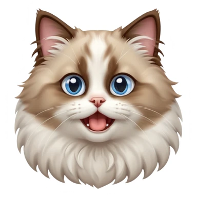 cinematic-adorable-big-eyed-fluffy-brown and white ragdoll-cat-portrait-emoji,-head-tilted-playfully-with-a-cute,-yawn,-soft-brown-and white-colored-fur-with-darker-points-on-the-ears,-simplified-yet-irresistibly-cute-features, sparkling blue eyes sticker