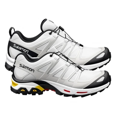 Ultra minimalist white Salomon XT-6 shoes, extremely simplified iOS emoji style, one behind the other, flat colors, very basic lines, essential details only, clean design sticker