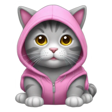 A gray plush cat. This cat is wearing a sleeveless sweater with a pink hood. He's sitting on his buttocks. Small round ears are hidden in the hood. sticker