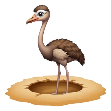 An ostrich standing next to a hole, with their neck bent and their head in the hole in the sand. sticker