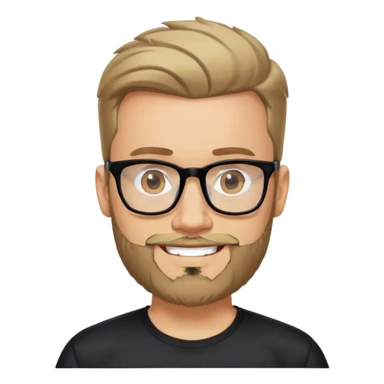 Man with light skin, full facial beard, short upswept hair, large black-framed glasses, smiling face, black sports fabric shirt sticker