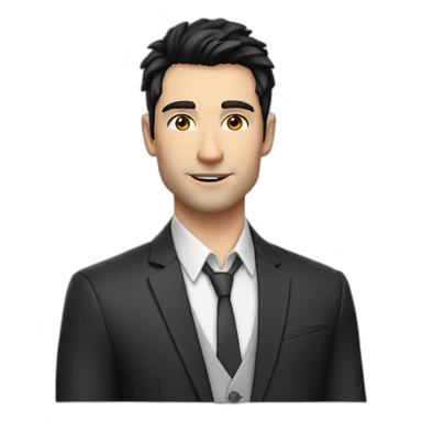 man, blue eyes, 30 years old, white skin, black hair, blazer with t-shirt, good looking sticker
