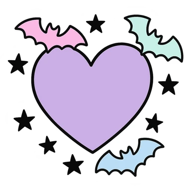 pastel goth heart with pastel bats and black stars ,remove background sticker