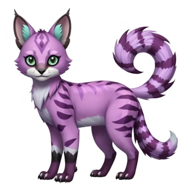 Cute kawaii cool edgy badass Colorful pale minty lilac onyx fruity glorious exotic neon vibrant zigzagged fantasy-caracal-civet-genet-sergal-vernid-Gryphon-Cacomistle-Trico-oncilla-animal-Fakémon-hybrid-fursona (full body), facial markings, (realism style) sticker