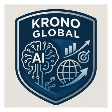 Badge-style logo for Krono Global, blending AI elements like circuit and brain, global commerce symbols like globe and arrows, and marketing icons like chart and target, in a dynamic, international business look, modern and tech-inspired. sticker
