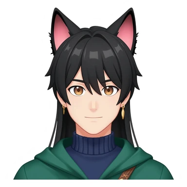 Tighnari from Genshin Impact; anime man with long-straight-dark-black hair, long black fox ears with pink Scapha, colorful-gradient-brown-turquoise eyes, gold earring, dark-blue-sweater, green cape, white pupils sticker