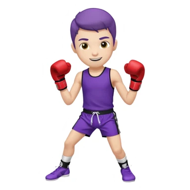 now make a boy whose white smiling in purple kickboxing full shirt with Fighting HARD on the shirt sticker