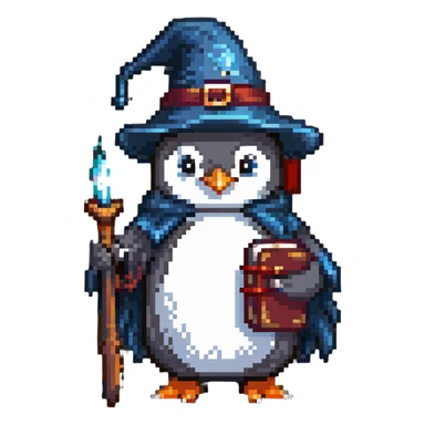 penguin wizard with a wizard hat and a spellbook sticker