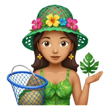 Hawaiian woman with leaf hat and big trash net and colorful cloth sticker