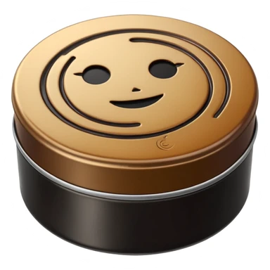small round metal tin, slightly opened to reveal glossy dark wax inside black or brown, smooth reflective surface with soft circular swirls, low profile tin with subtle metallic sheen, no brush cloth or shoes, apple emoji style, soft lighting, subtle shadows, transparent background, emoji scale sticker
