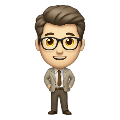 To belt Actively gesturing with hands Pale skinned fit man teacher with dark brown hair in gray jacket, beige office shirt, brown tie, brown pants and vintage glasses. sticker