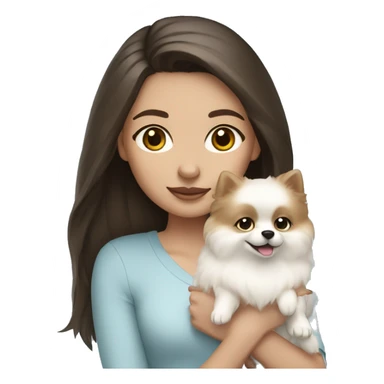 Brunette girl with light skin and blue eyes holding a white pomeranian  sticker