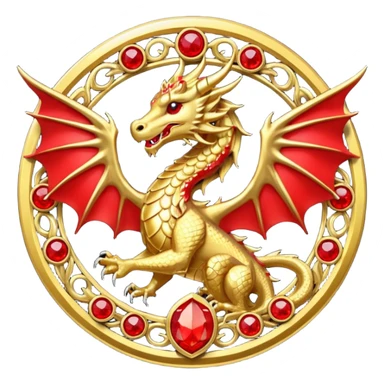 Golden dragon with wings crest / brosch in a circle with red gems and no background sticker